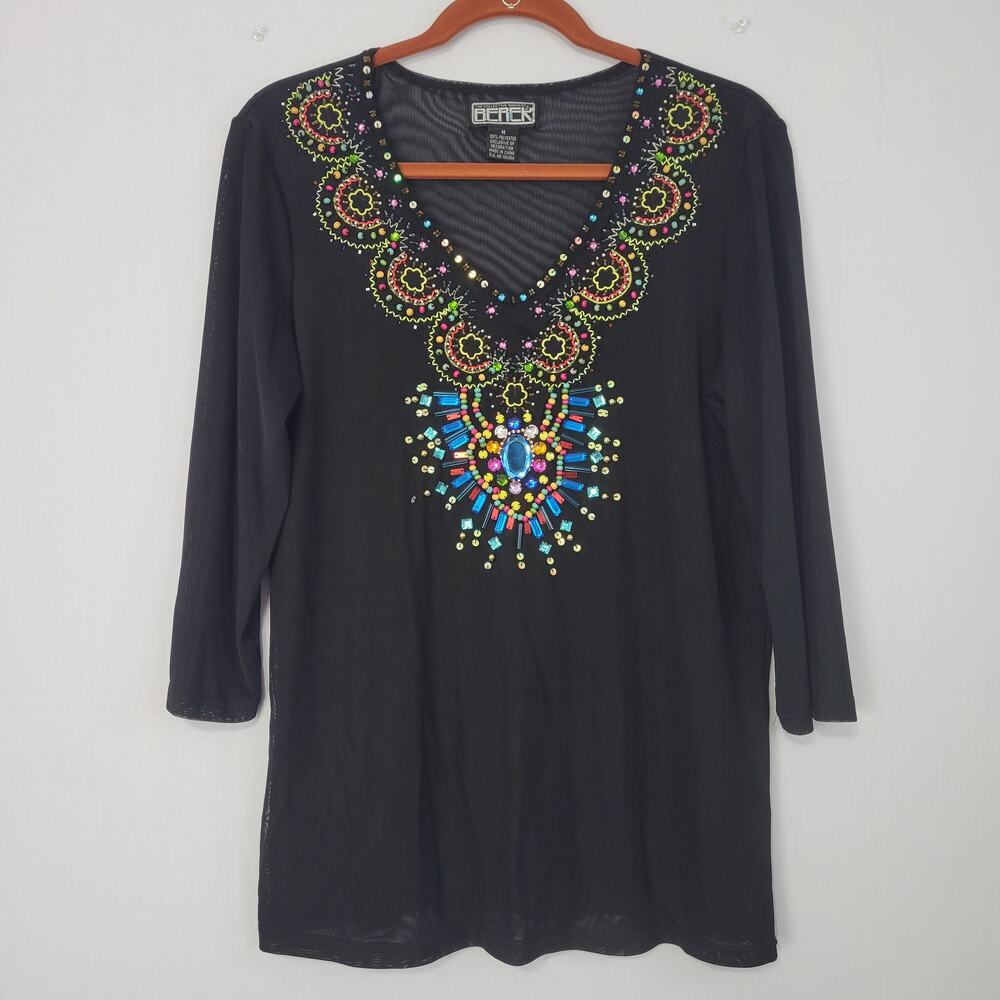 Vintage 90s Beaded V-neck 3/4 Sleeve Mesh Top sz M Black Multi Artsy Sheer Boho